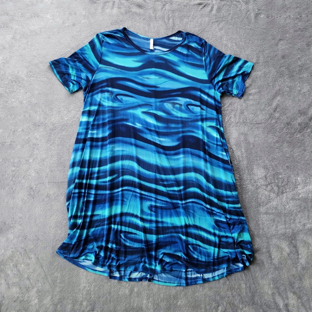 Plus Size Blue Black Wave Pattern Midi Dress